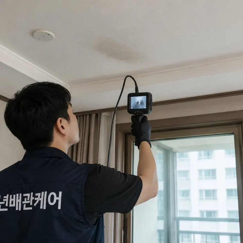 천장 누수 부위 관로내시경 확인 — 윗집 배관·방수층 원인 판별
