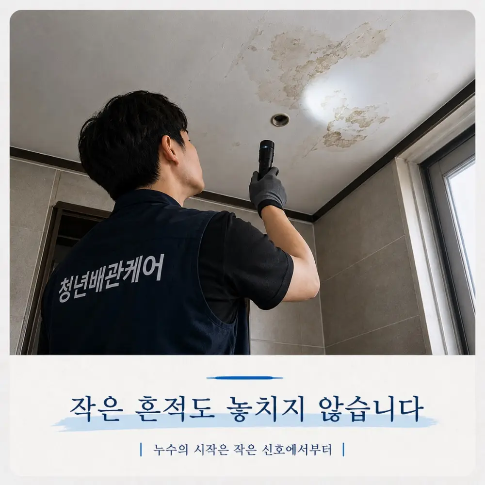 천장 누수 얼룩을 손전등으로 비춰 원인을 살피는 청년배관케어 기사