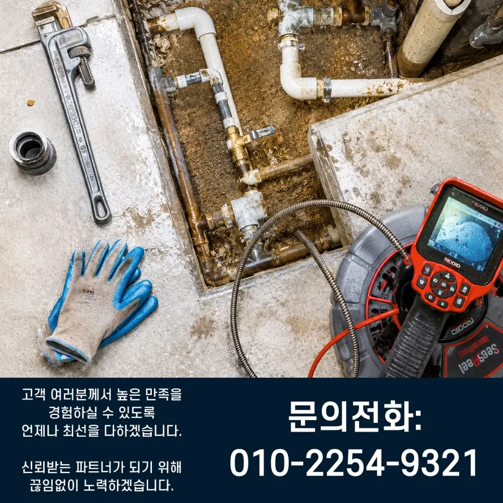 고압세척 전 오수관 내부 기름때를 확인하는 배관 고압세척 현장